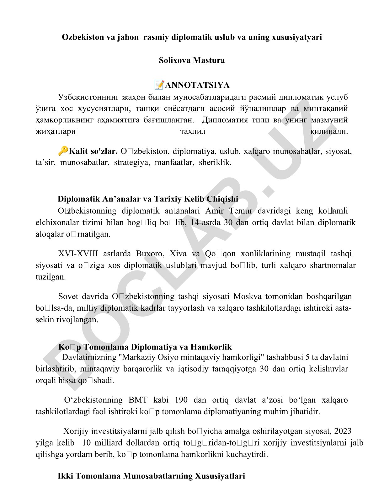 O'zbekistonning jahon bilan rasmiy diplomatik uslubi va xususiyatlari