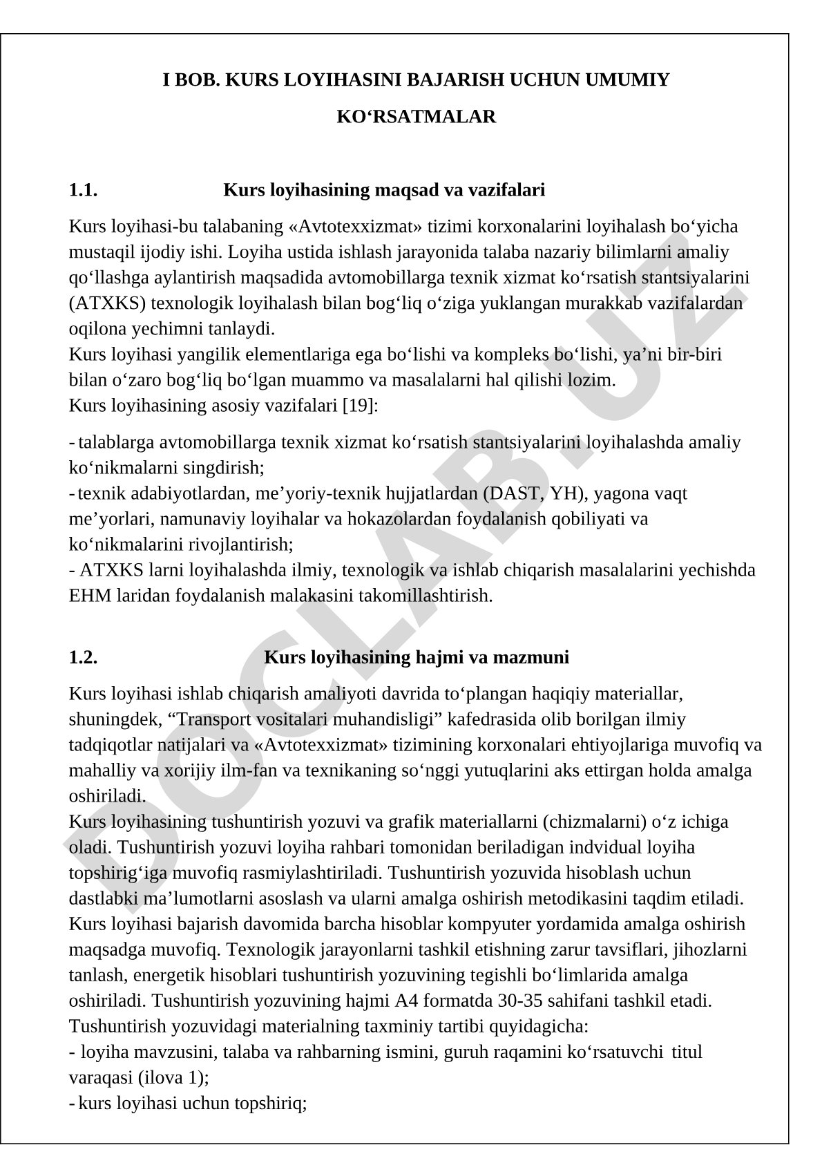 Avtotexxizmat tizimi korxonalarini loyihalash bo'yicha kurs loyihasi
