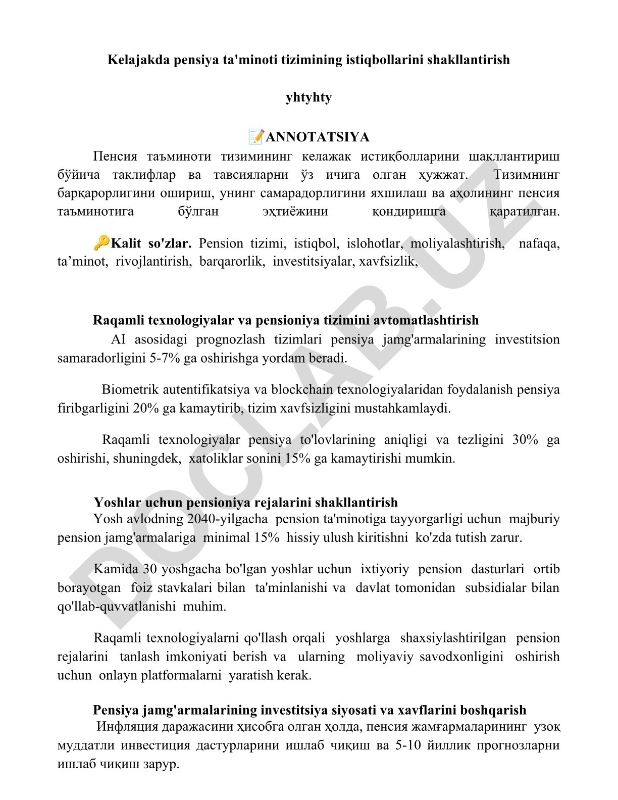 Pensiya ta'minoti tizimining istiqbollarini shakllantirish