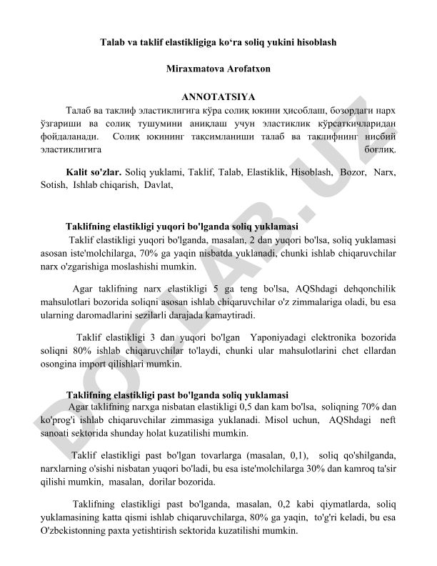 Talb va taklif elastikligiga ko'ra soliq yukini hisoblash