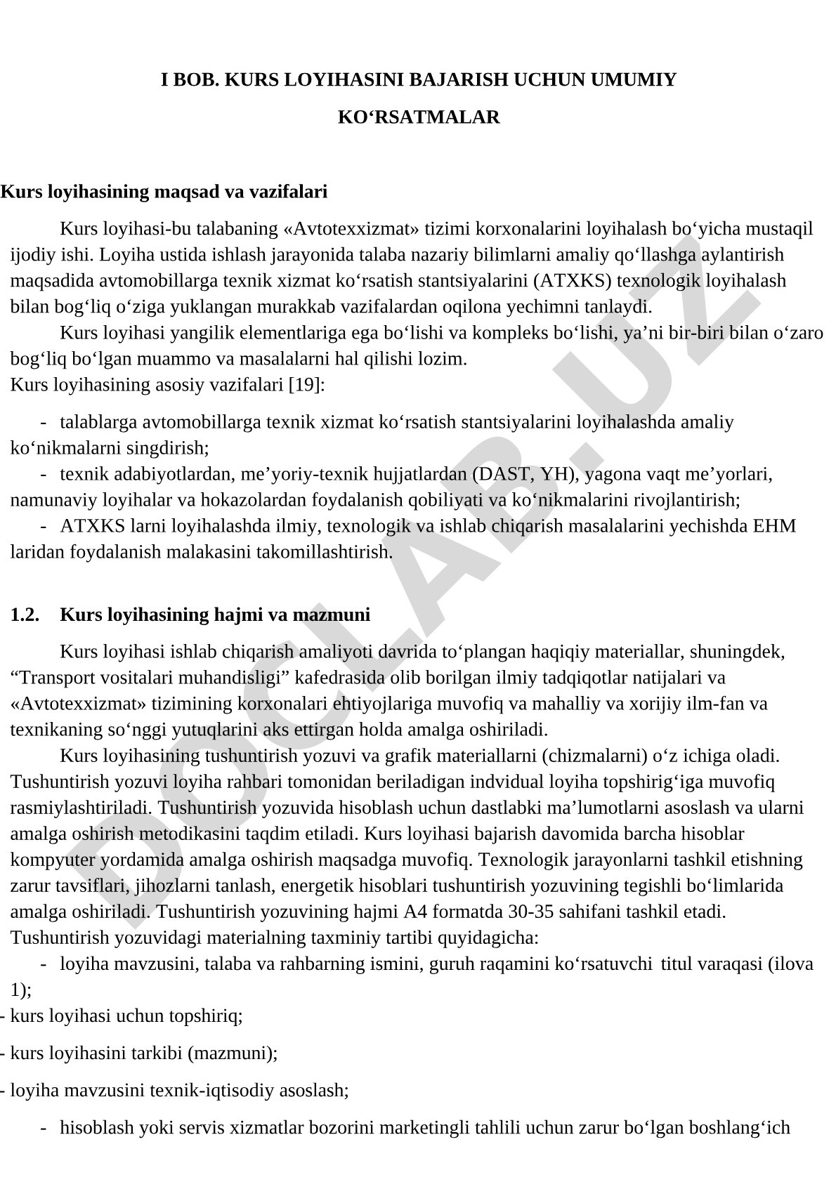 Avtotexxizmat tizimi korxonalarini loyihalash bo'yicha kurs loyihasi