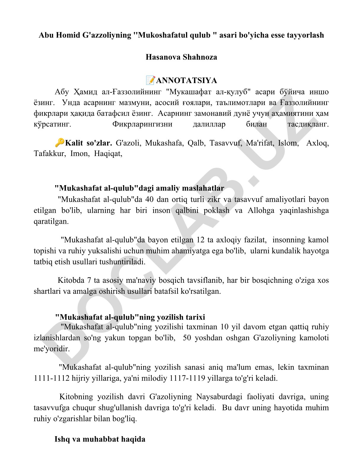 Abu Homid G'azzoliyning "Mukoshafatul qulub" asari bo'yicha esse