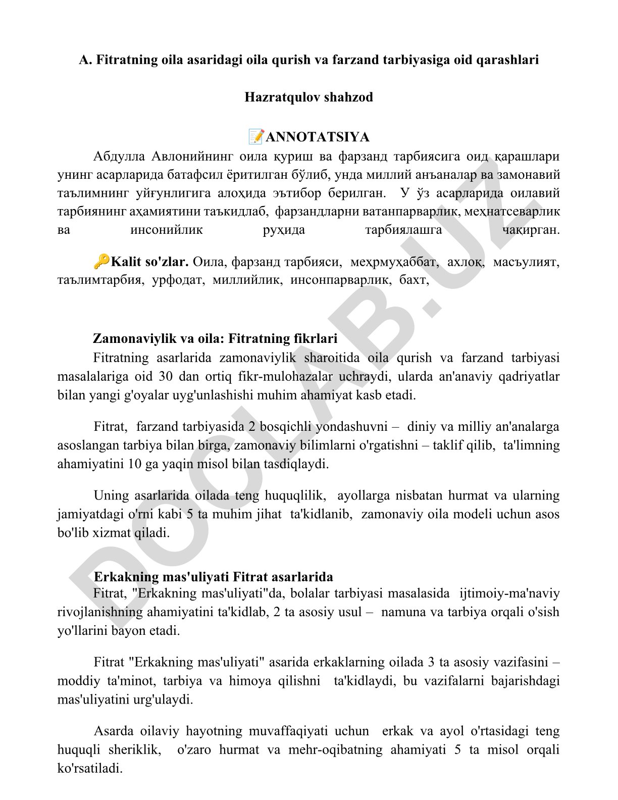 Fitratning oila qurish va farzand tarbiyasiga oid qarashlari