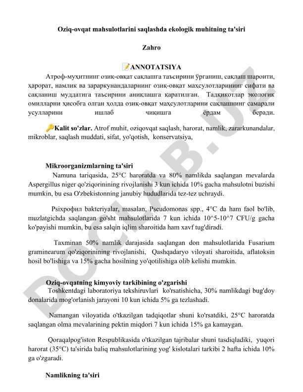 Oziq-ovqat mahsulotlarini saqlashda ekologik muhitning ta'siri