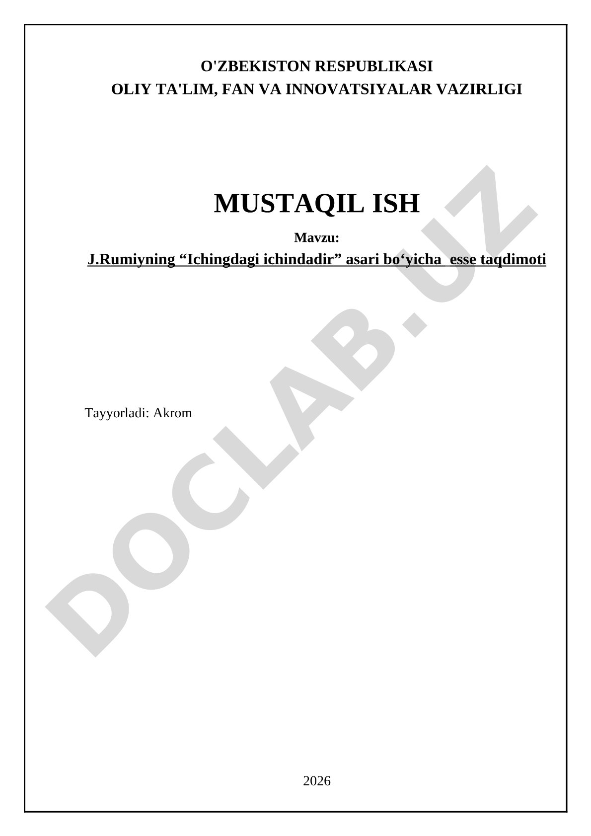 J.Rumiyning “Ichingdagi ichindadir” asari bo‘yicha esse taqdimoti