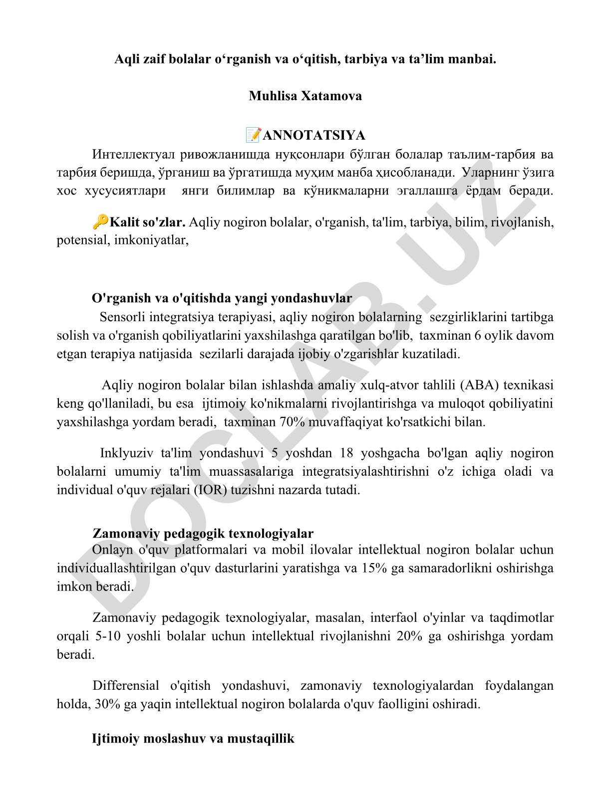 Aqliy nogiron bolalarning o'rganish va o'qitish usullari