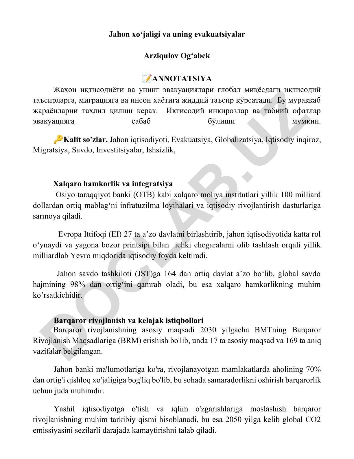 Jahon iqtisodiyoti va evakuatsiyalar