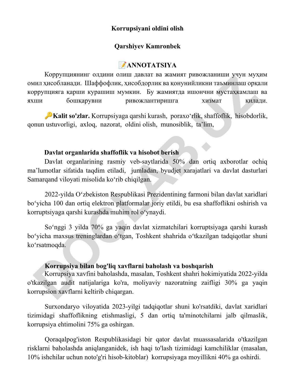 Korrupsiyani oldini olish