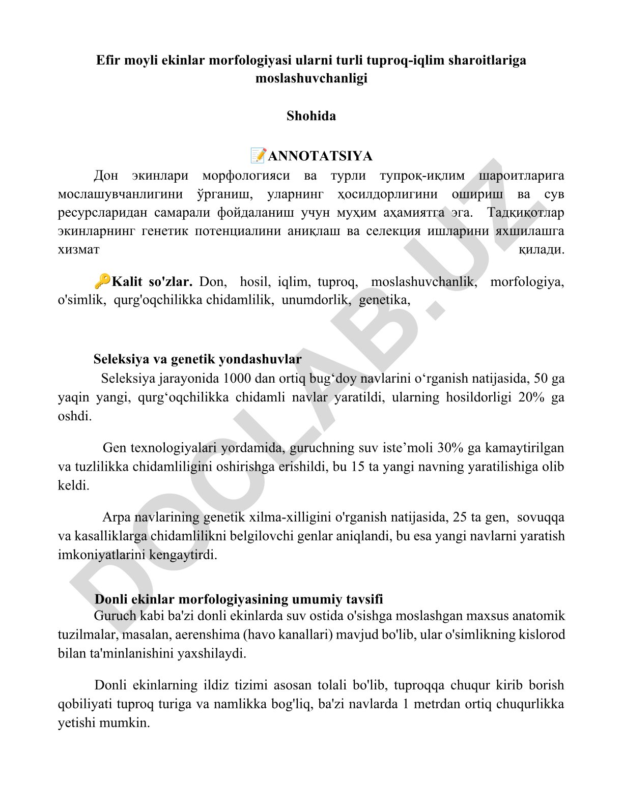 Don ekinlari morfologiyasi va turli tuproq-iqlim sharoitlariga moslashuvchanligi