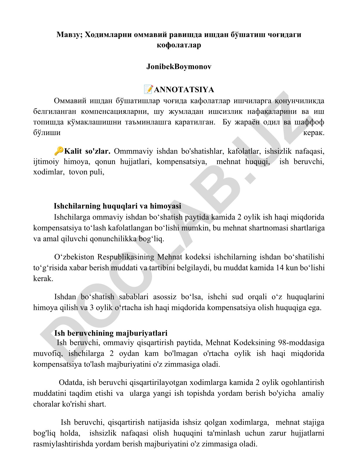 Ходимларни оммавий равишда ишдан бўшатиш чоғидаги кофолатлар