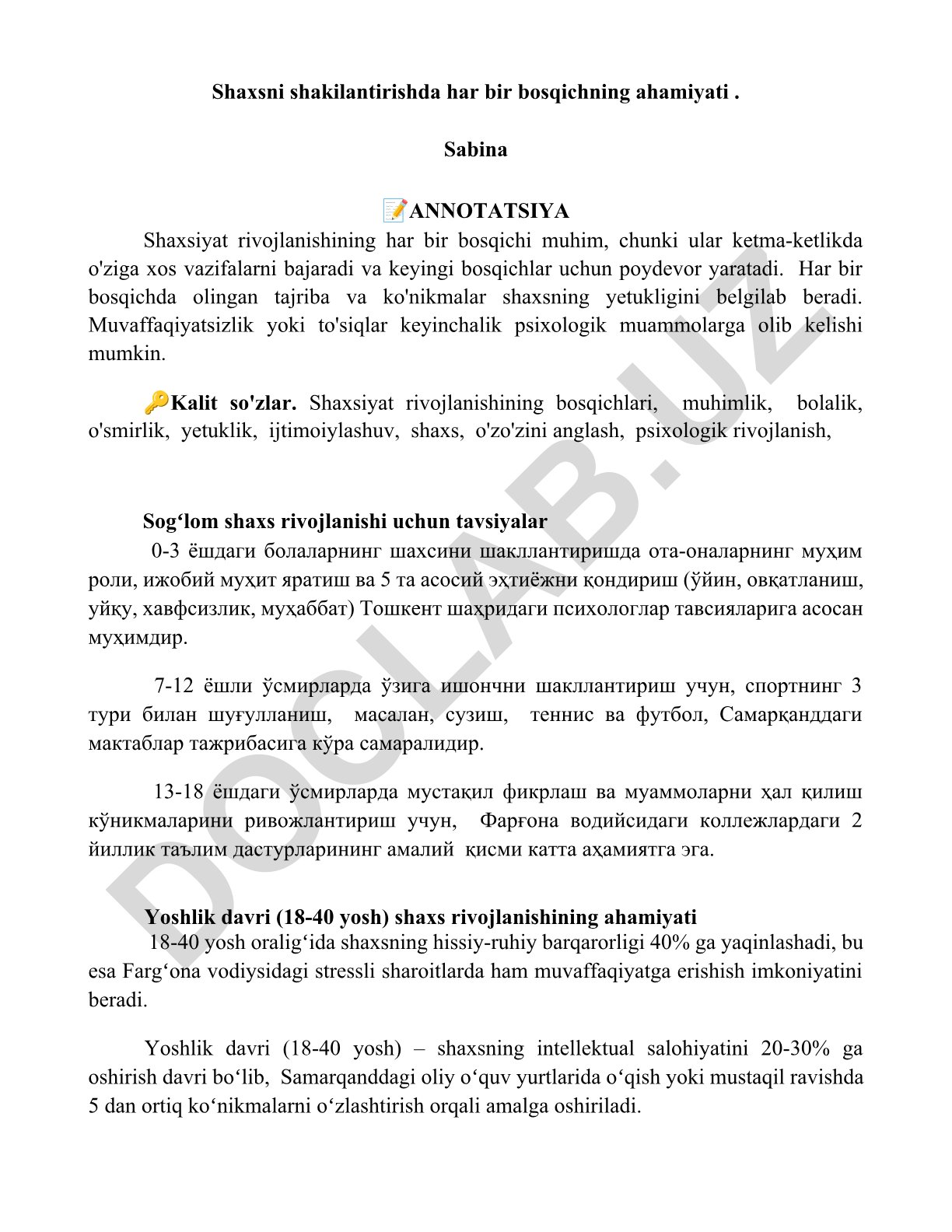 Shaxsni shakilantirishda har bir bosqichning ahamiyati
