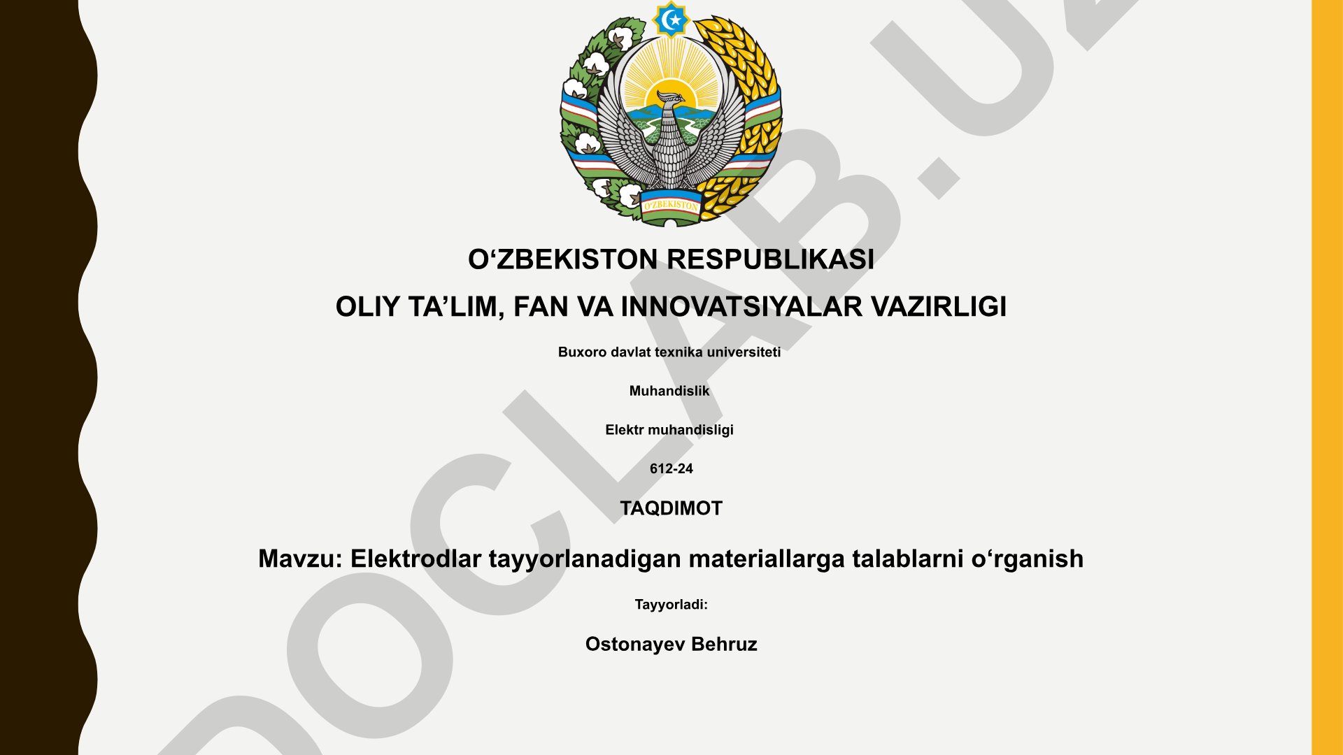 Elektrodlar tayyorlanadigan materiallarga talablarni o‘rganish