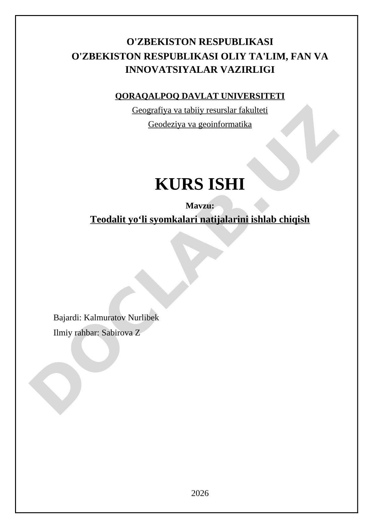 Teodalit yoʻli syomkalari natijalarini ishlab chiqish