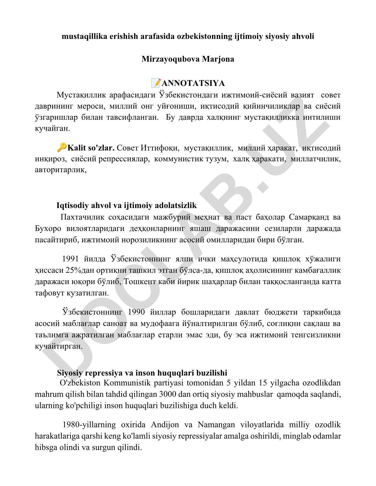 Mustaqillik arafasida O'zbekistonning ijtimoiy-siyosiy ahvoli