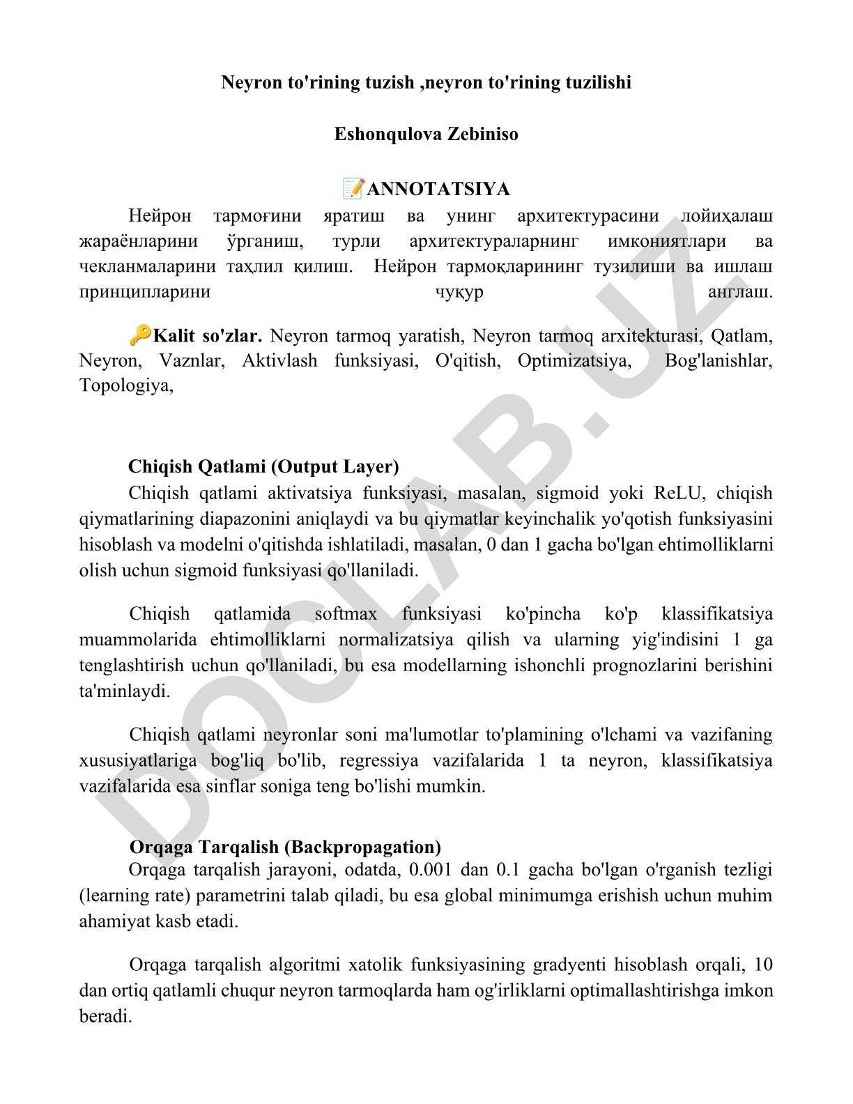 Neyron to'rining tuzilishi va arxitekturasi