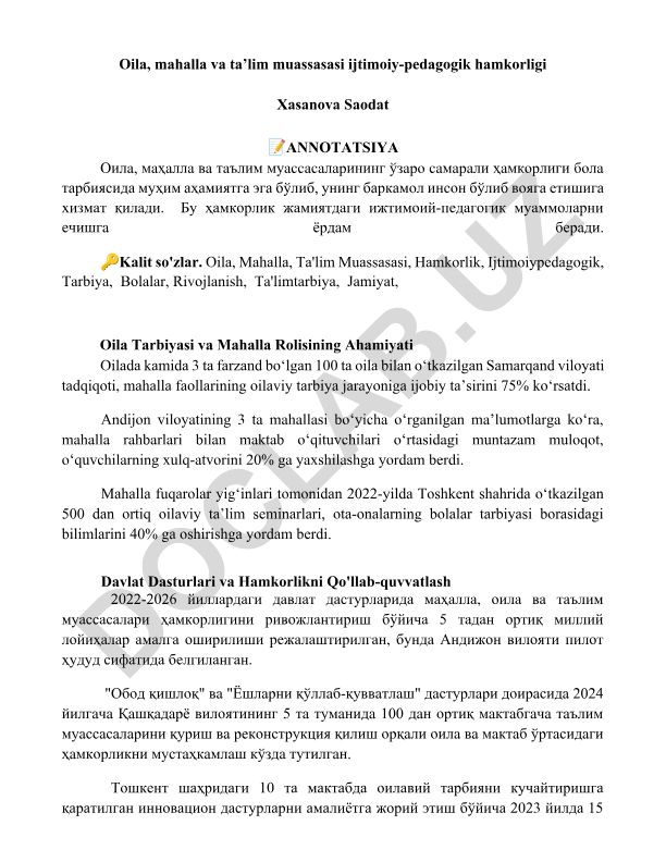 Oila, mahalla va ta'lim muassasasi ijtimoiy-pedagogik hamkorligi