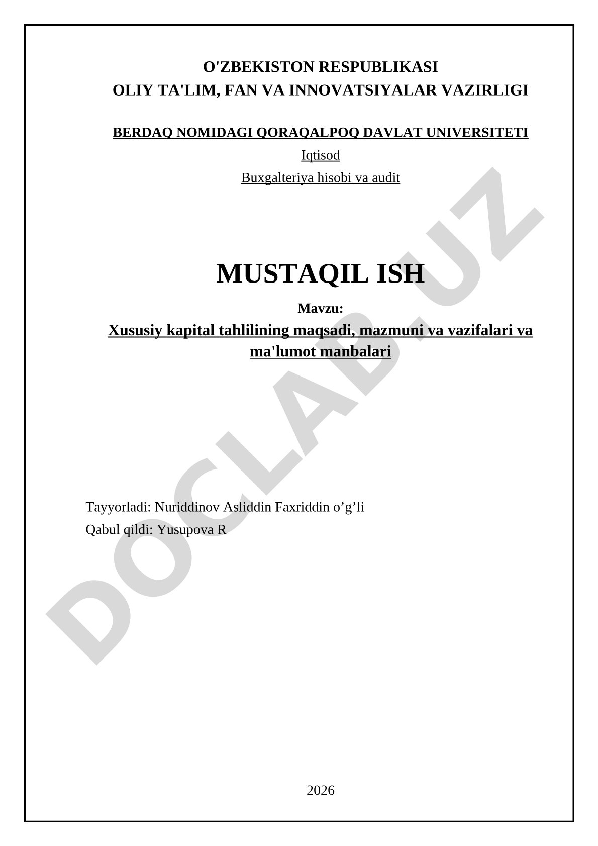 Xususiy kapital tahlilining maqsadi, mazmuni va vazifalari va ma'lumot manbalari