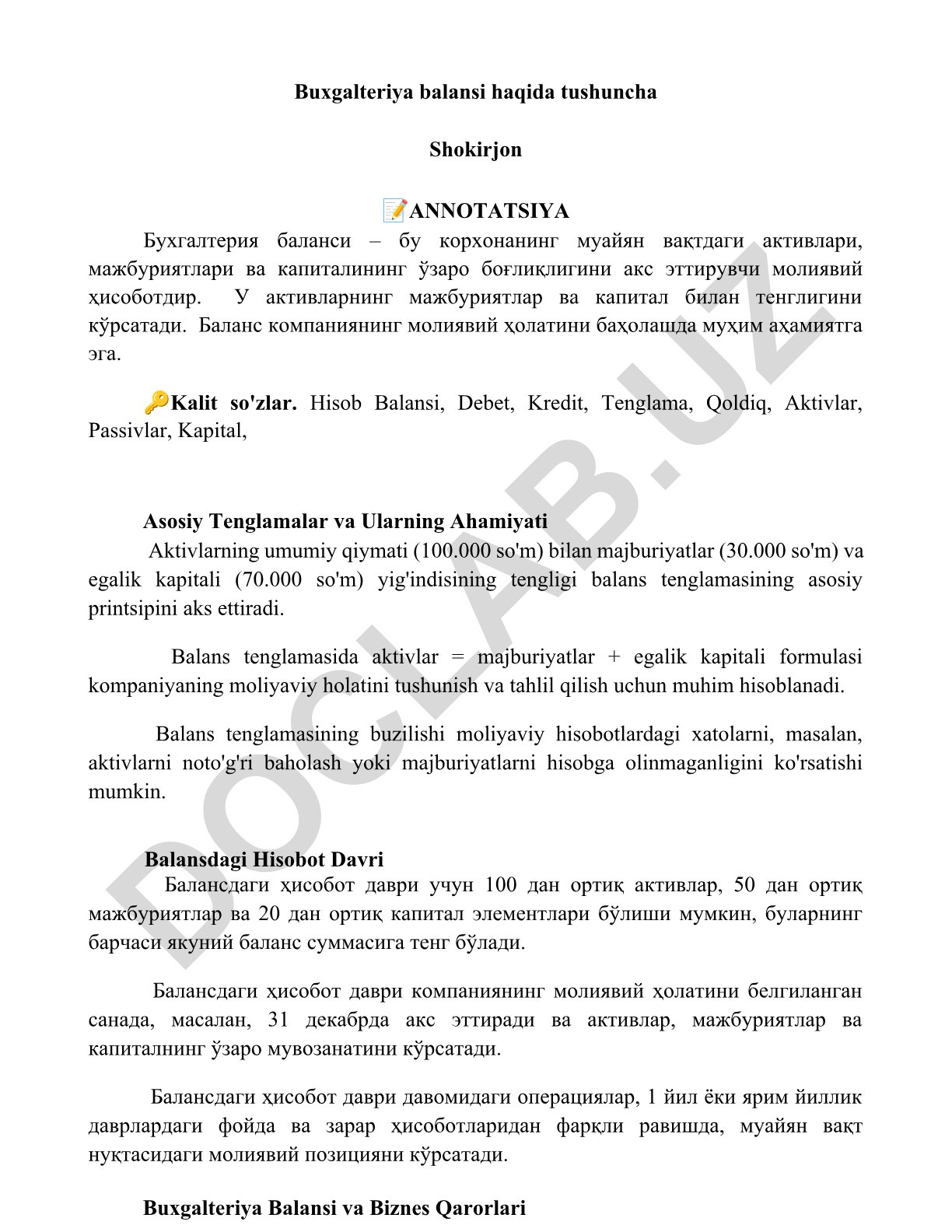 Buxgalteriya balansi haqida tushuncha