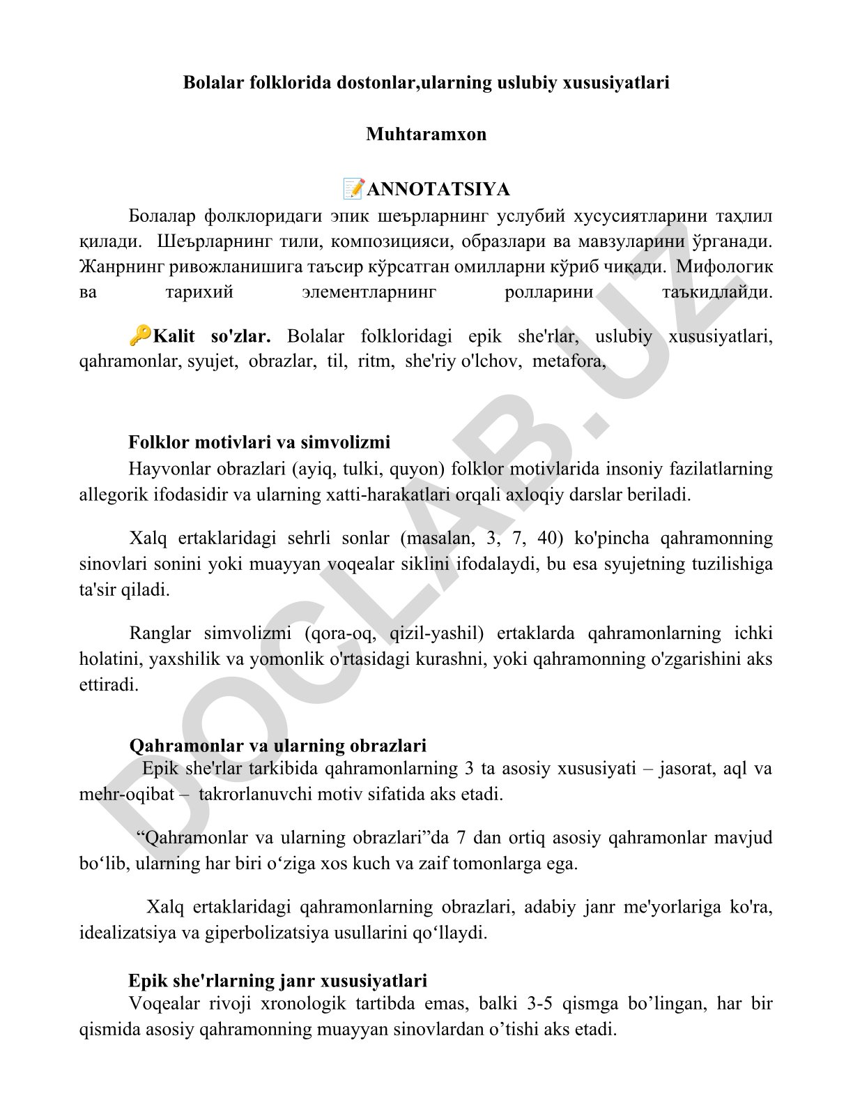 Bolalar folklorida dostonlar, ularning uslubiy xususiyatlari