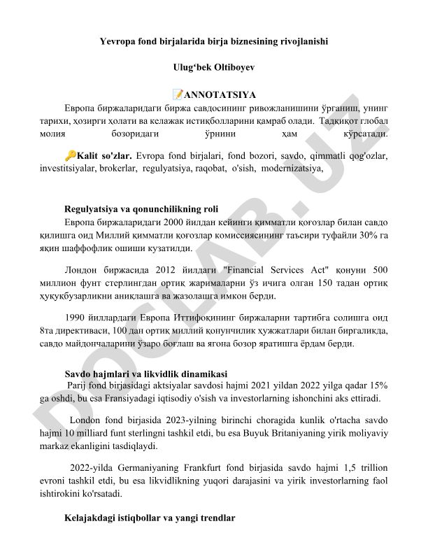 Yevropa fond birjalarida birja biznesining rivojlanishi