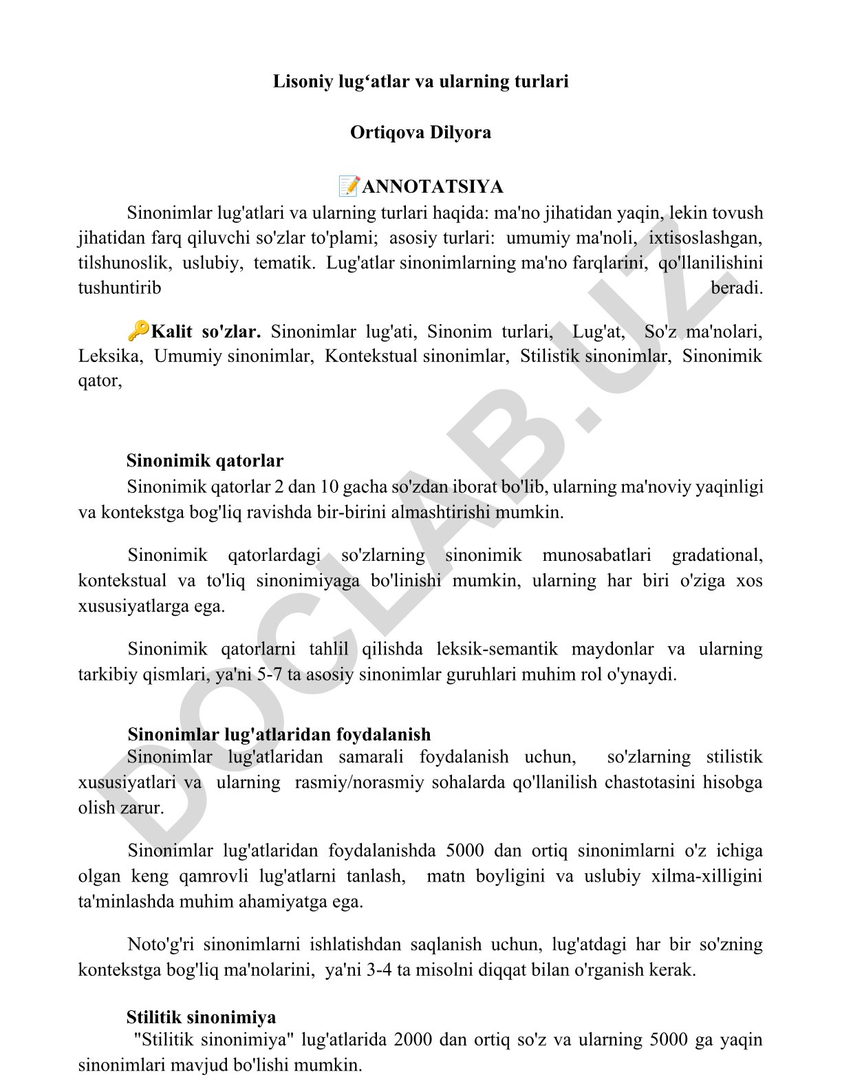 Sinonimlar lugʻatlari va ularning turlari