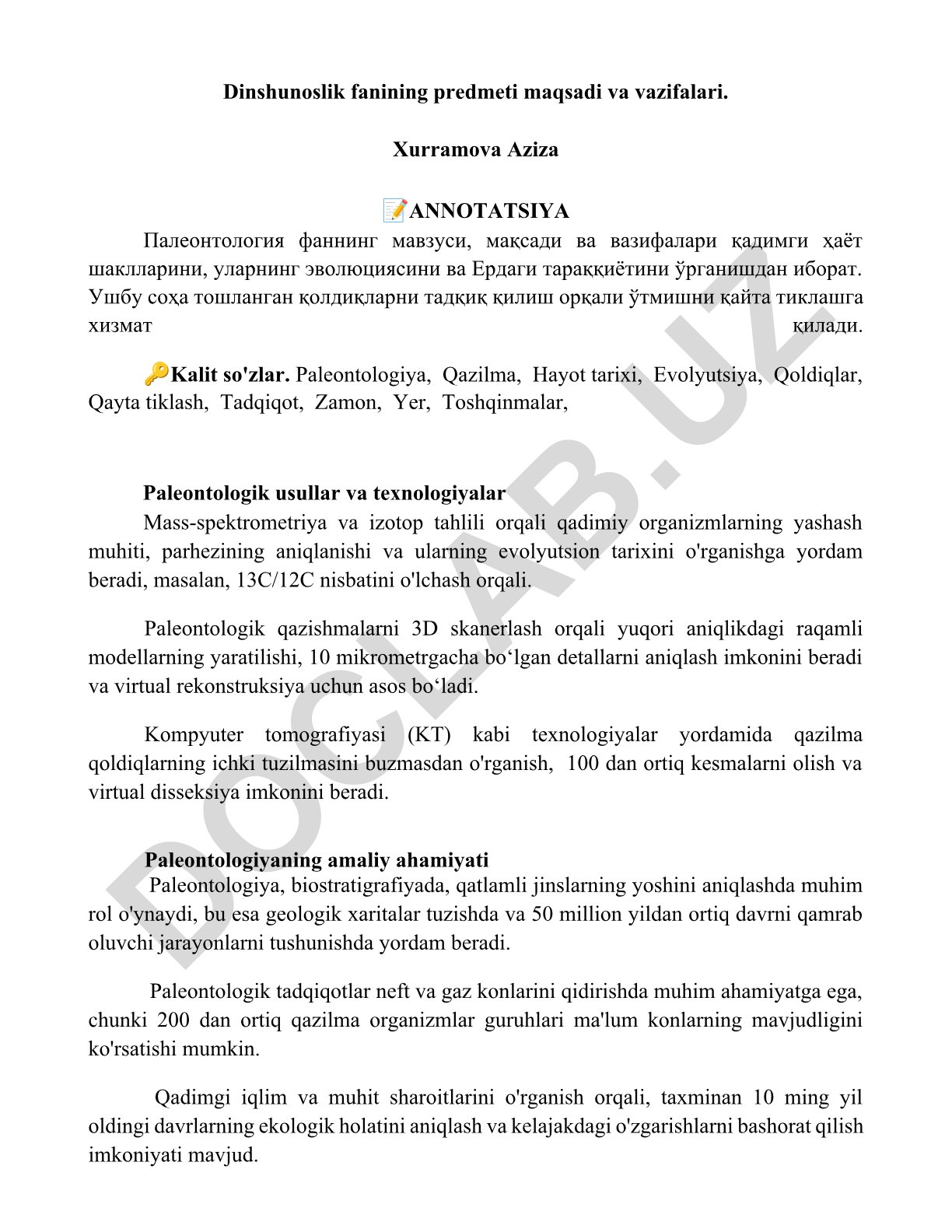 Paleontologiya fanining predmeti, maqsadi va vazifalari