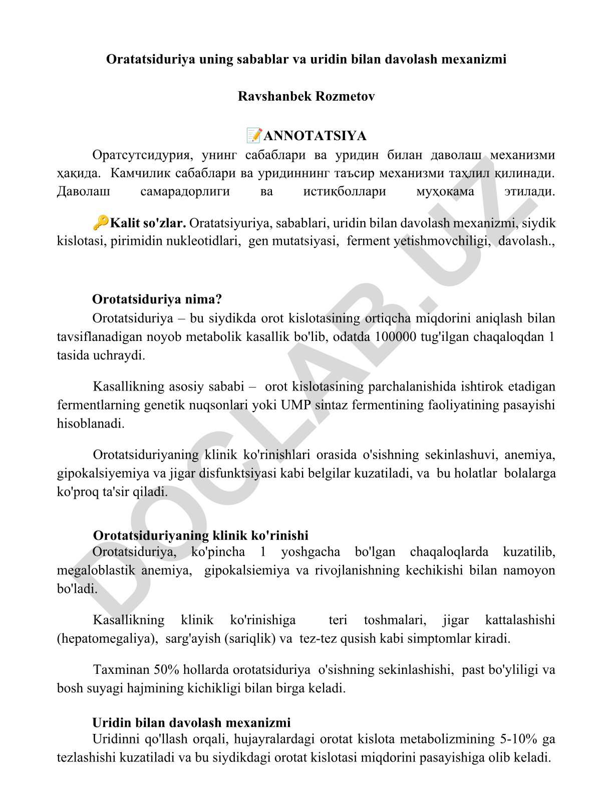 Orotatsiduriya sabablari va uridin bilan davolash mexanizmi