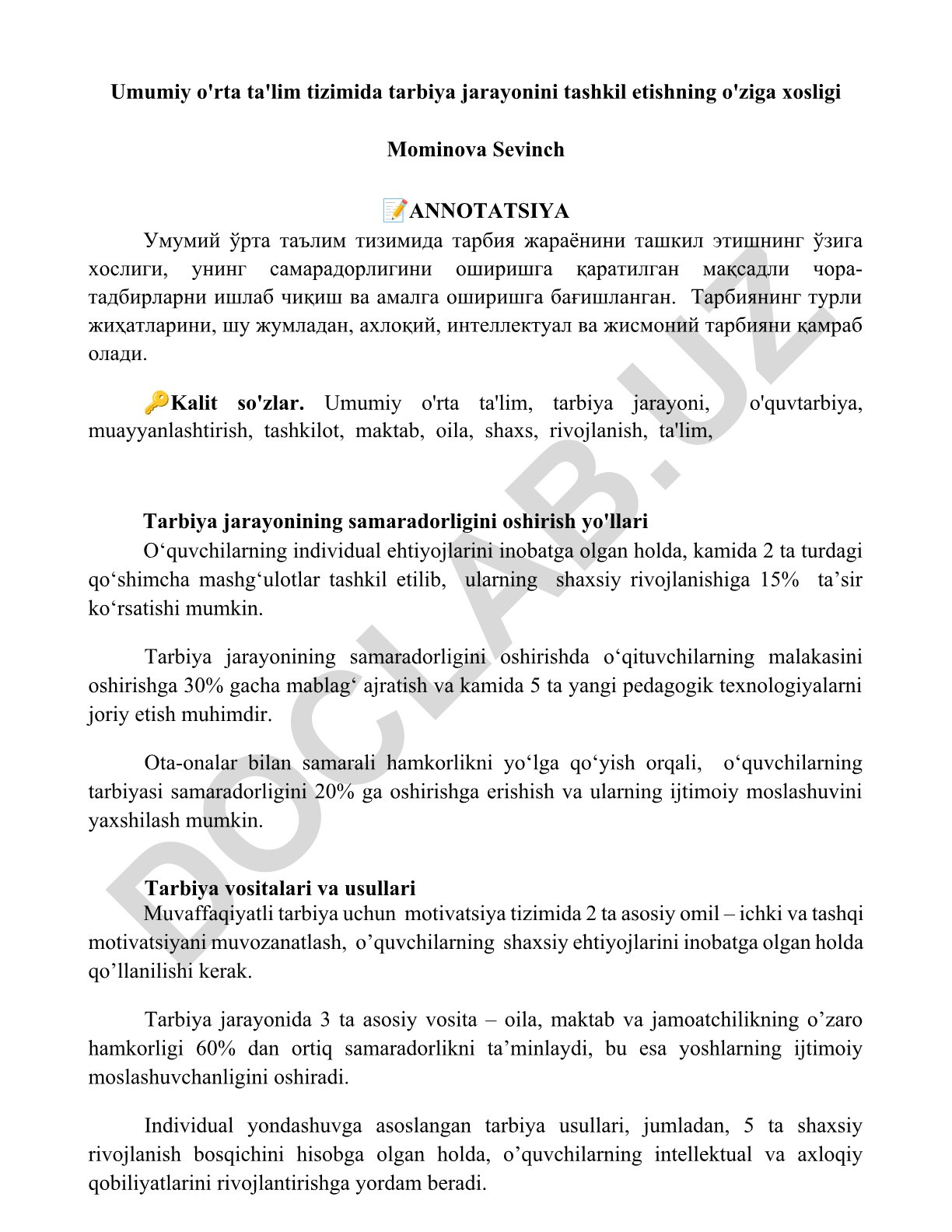 Umumiy o'rta ta'lim tizimida tarbiya jarayonini tashkil etishning o'ziga xosligi