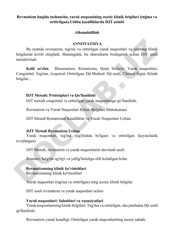 Revmatizm va yurak nuqsonlarining klinik belgilari va DJT usuli