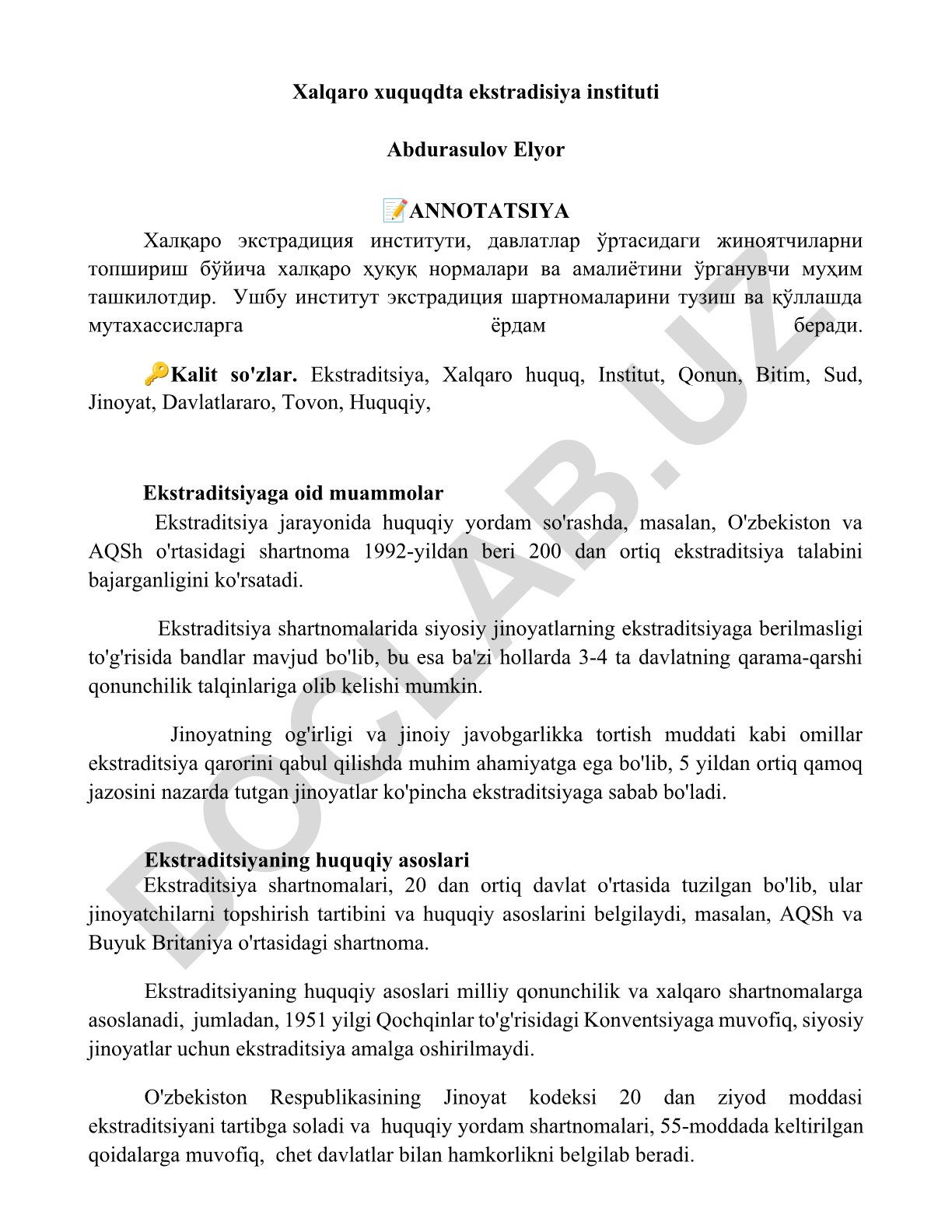 Xalqaro xuquqda ekstraditsiya instituti