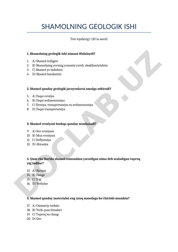 Shamolning geologik ishi test topshirig'i