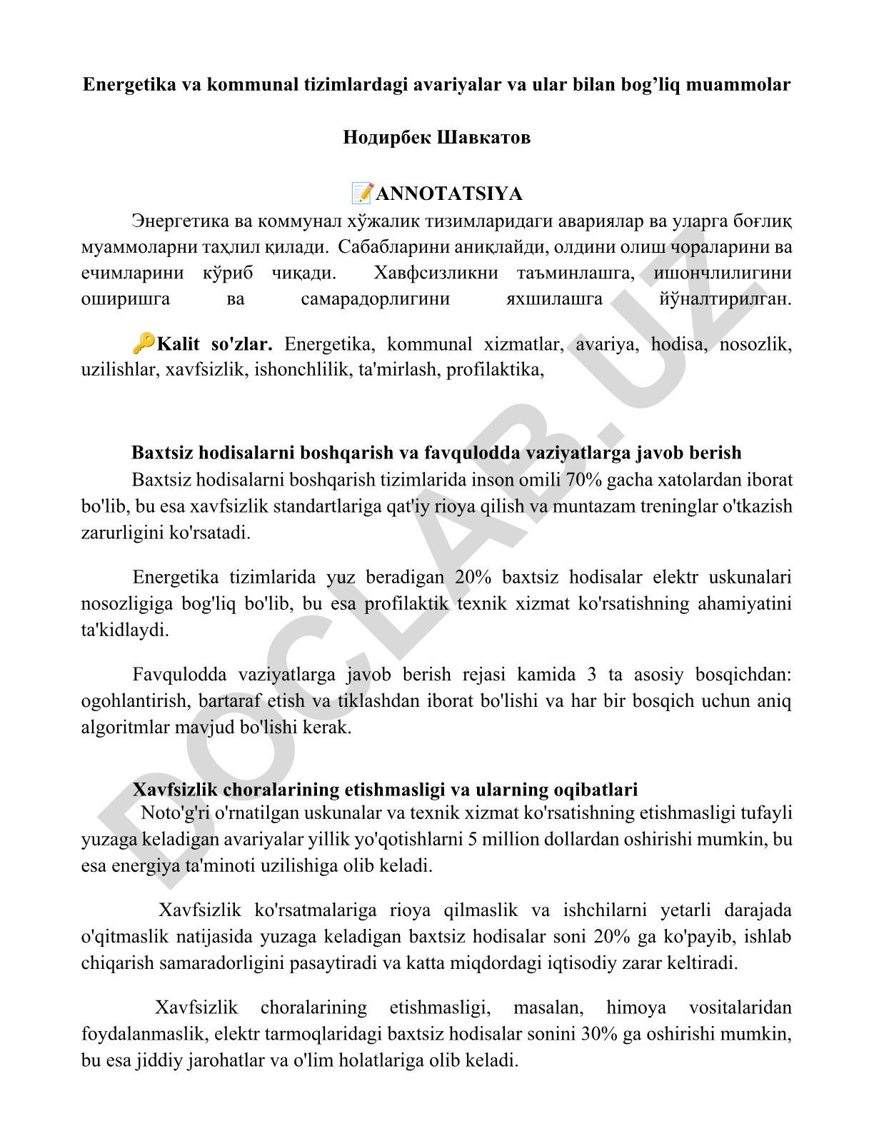 Energetika va kommunal tizimlardagi avariyalar va ular bilan bog’liq muammolar