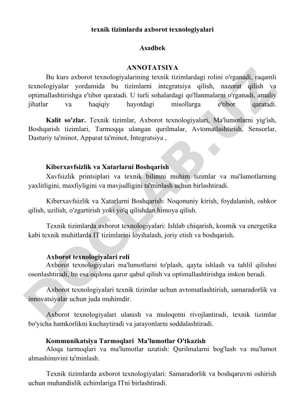 Texnik tizimlarda axborot texnologiyalari