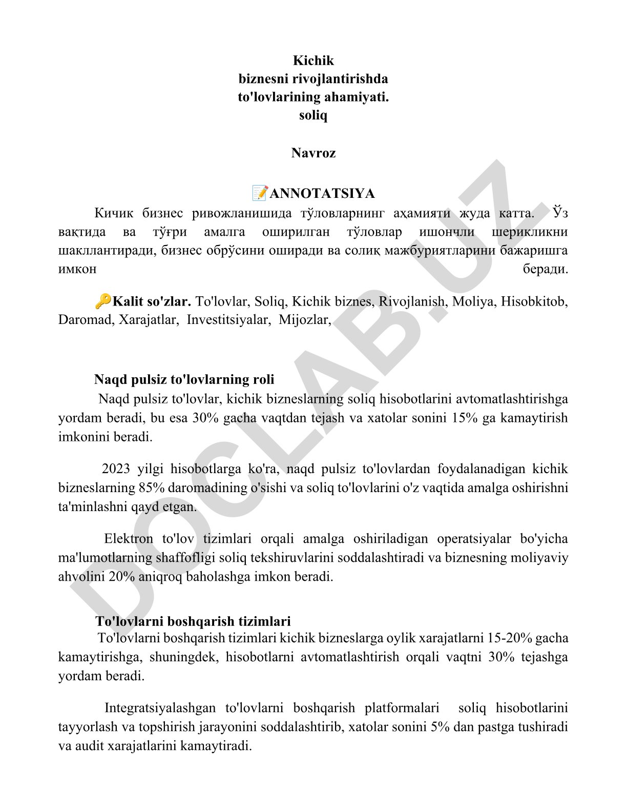 Kichik biznes rivojlanishida to'lovlarning ahamiyati