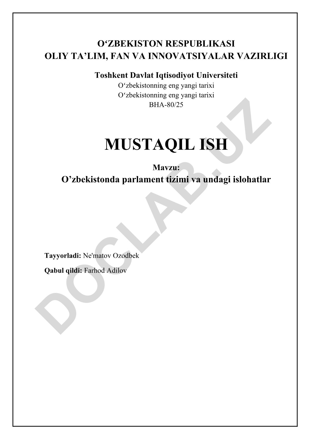 O'zbekistonda parlament tizimi va undagi islohatlar