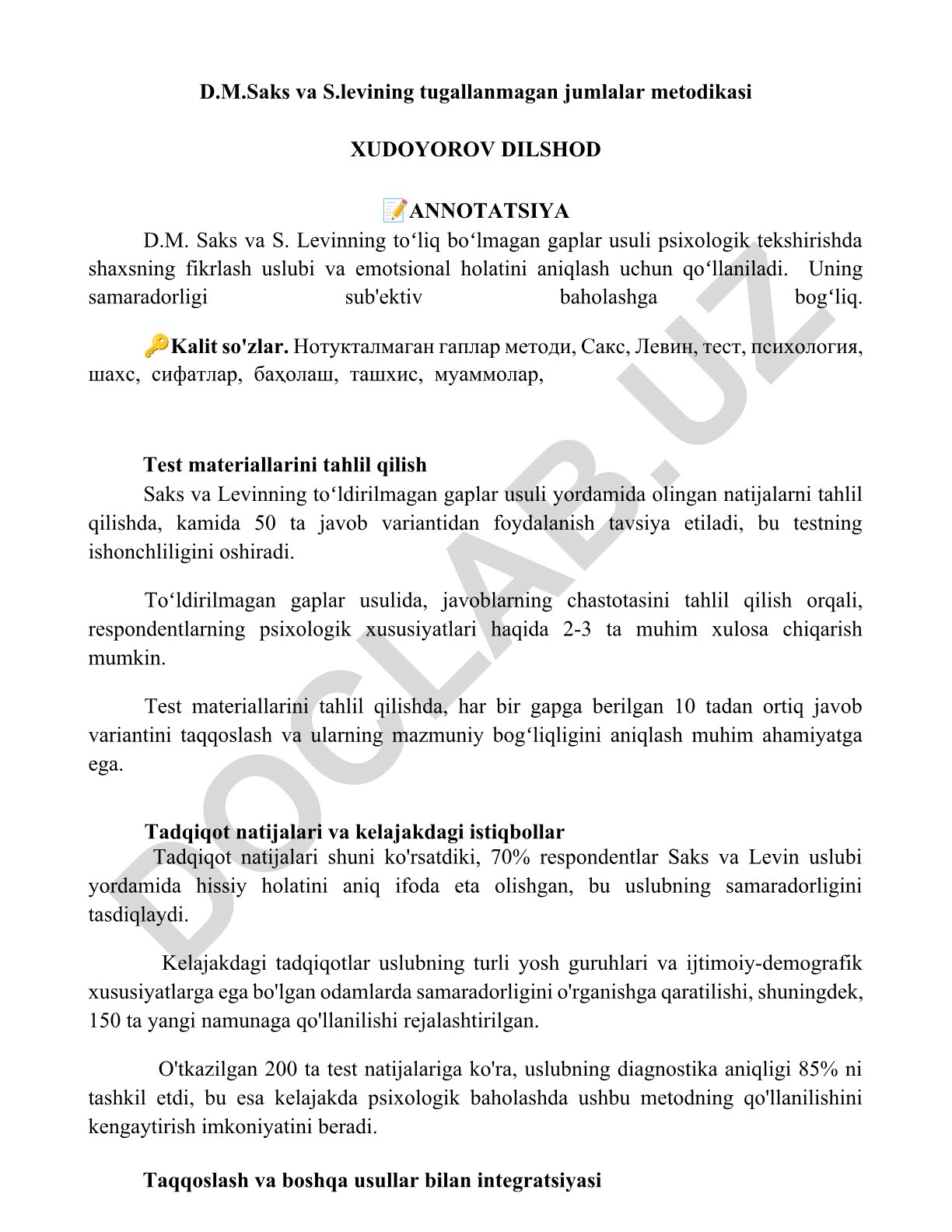 D.M. Saks va S. Levinning toʻliq boʻlmagan gaplar usuli
