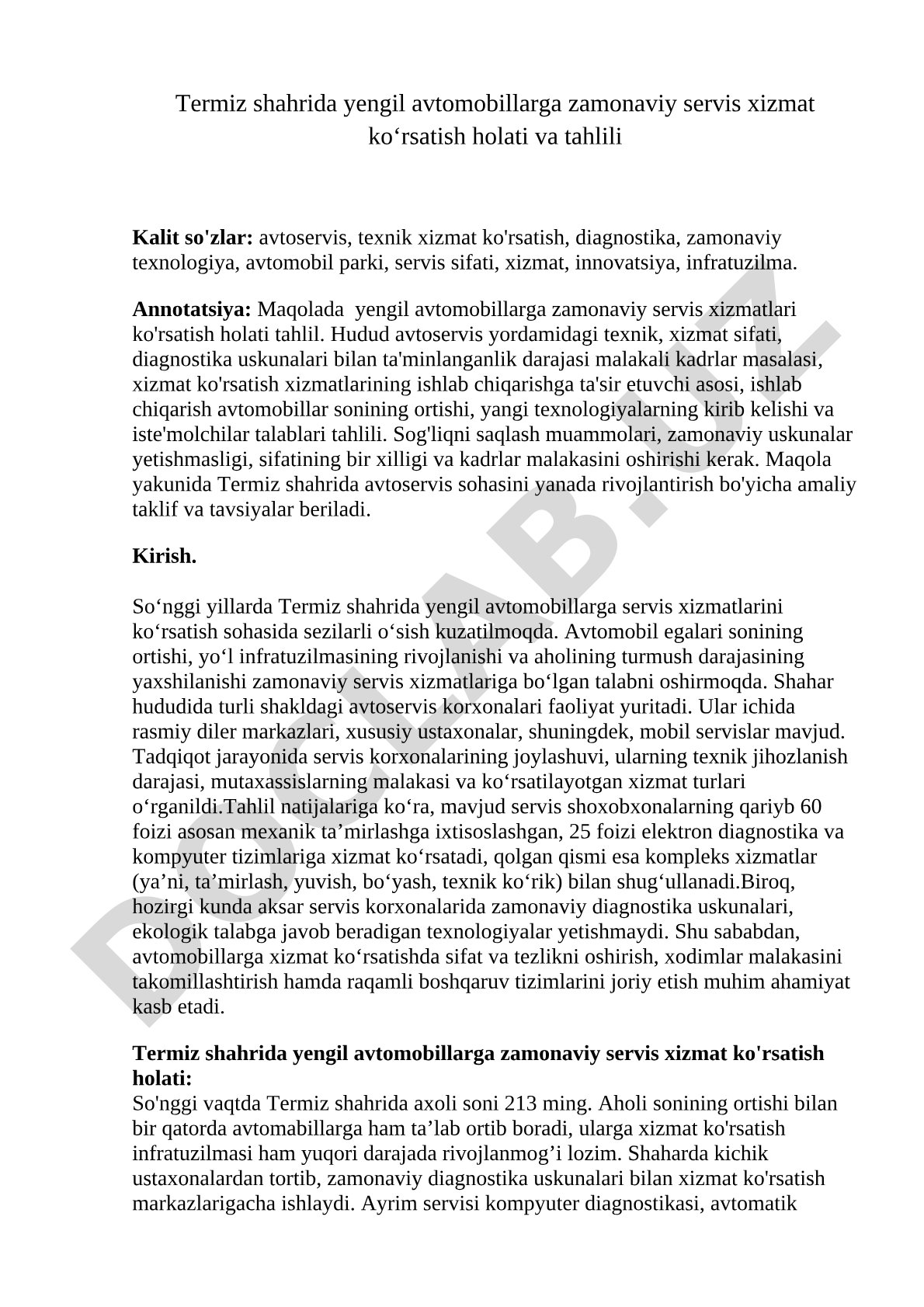 Termiz shahrida yengil avtomobillarga zamonaviy servis xizmat ko‘rsatish holati va tahlili