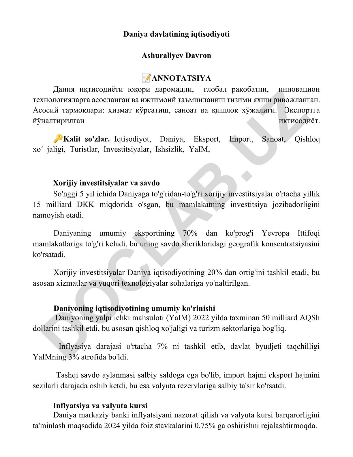 Daniya davlatining iqtisodiyoti