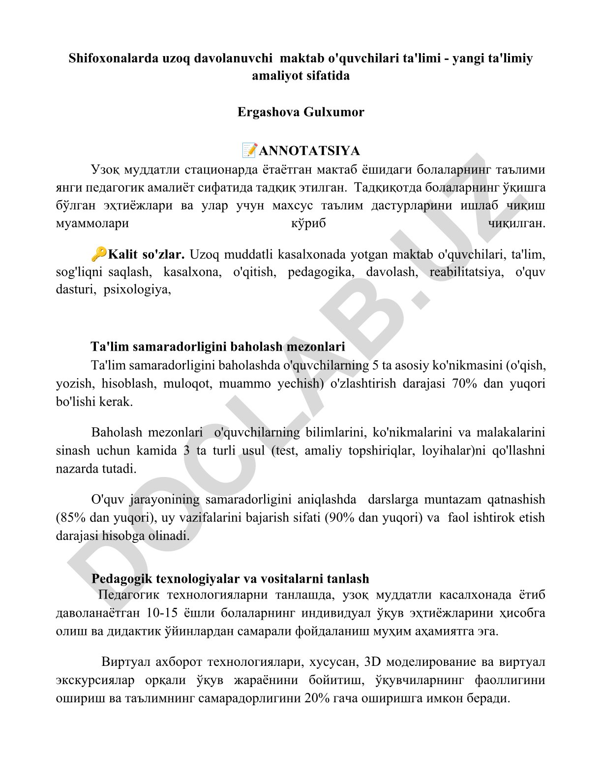 Uzoq muddatli kasalxonada yotgan maktab o'quvchilarining ta'limi