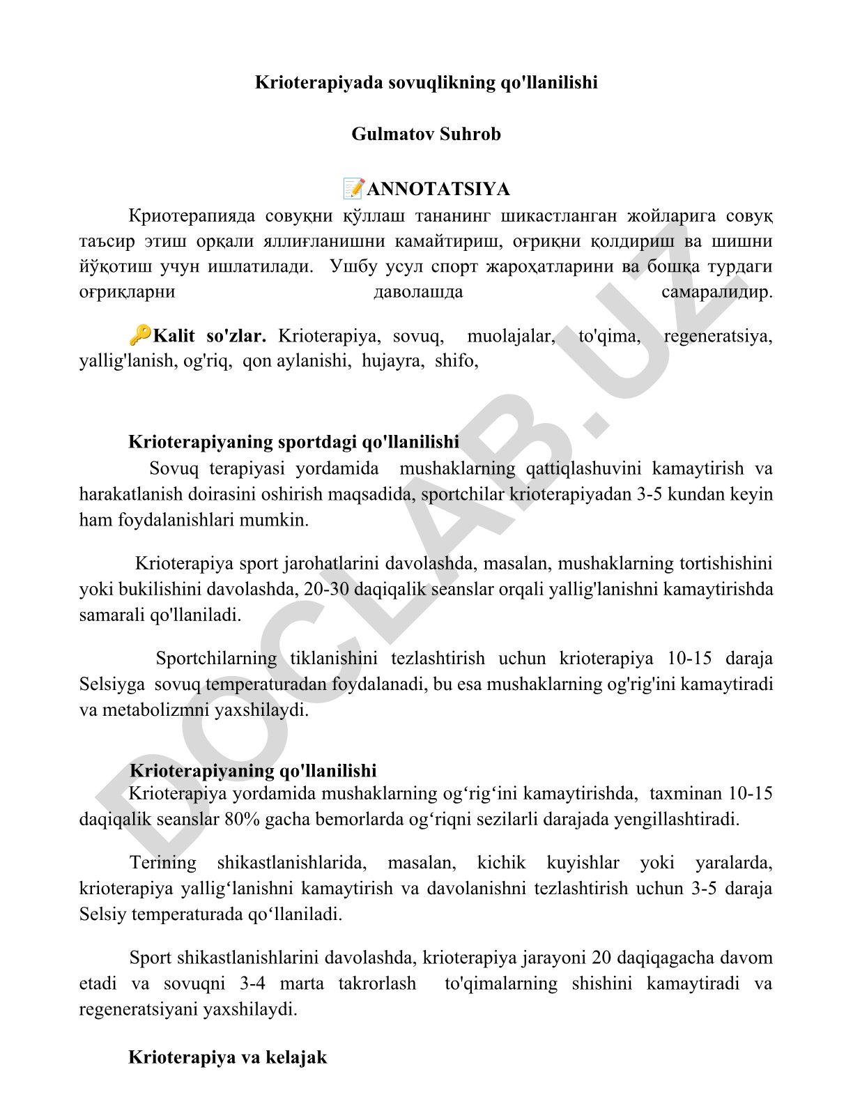 Krioterapiyada sovuqlikning qo'llanilishi