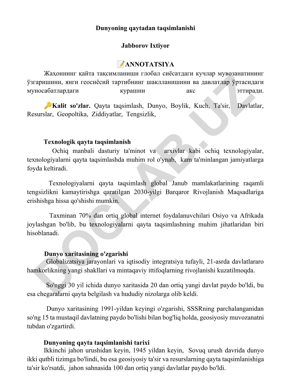 Dunyoning qaytadan taqsimlanishi