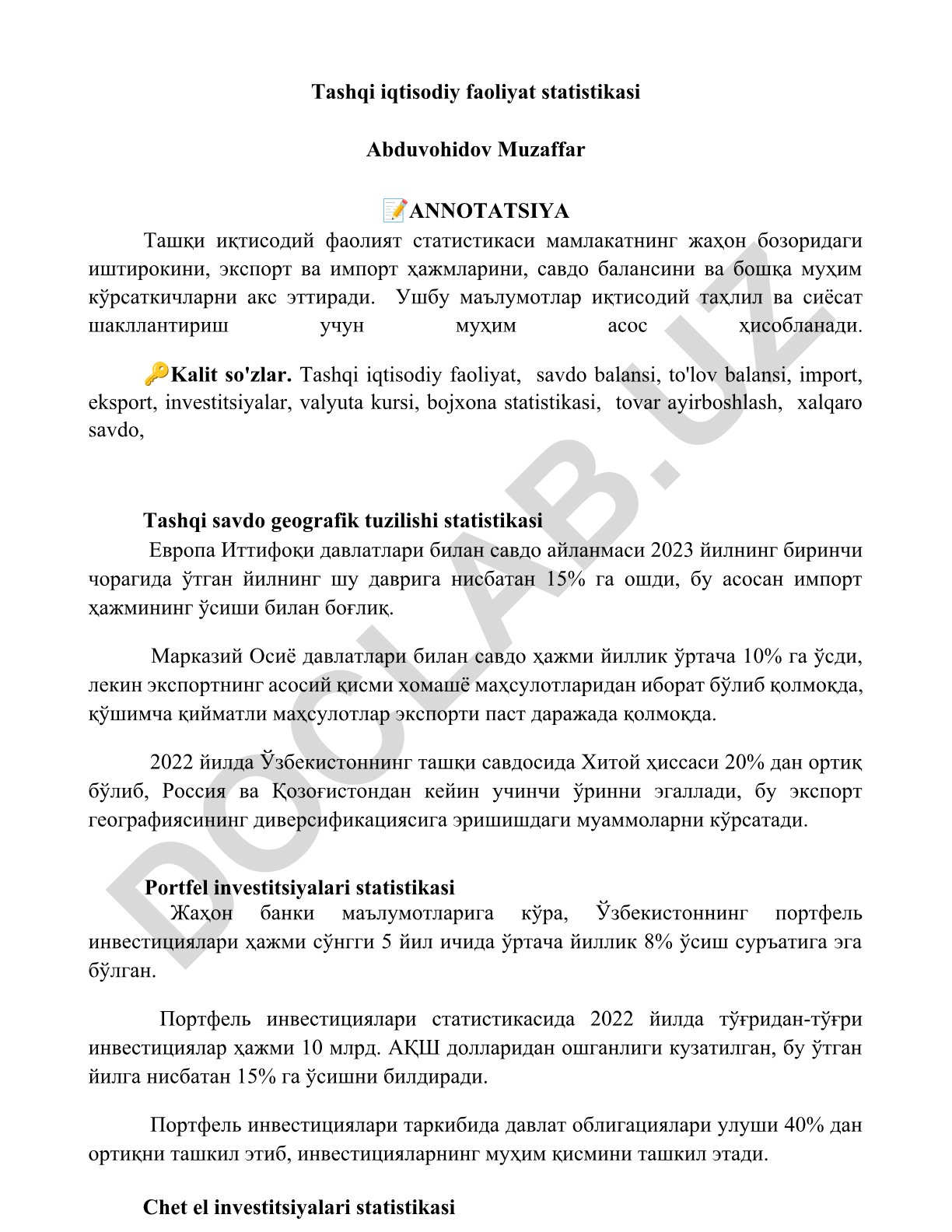 Tashqi iqtisodiy faoliyat statistikasi