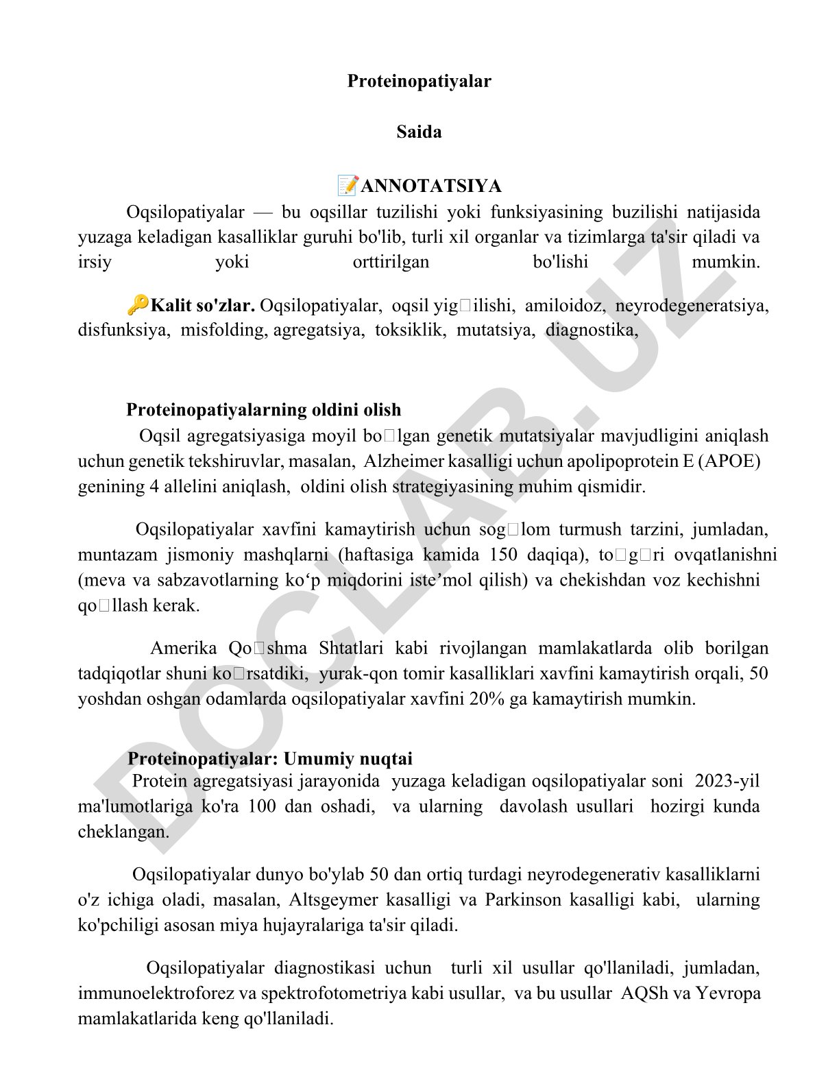 Proteinopatiyalar (Oqsilopatiyalar) haqida ilmiy maqola