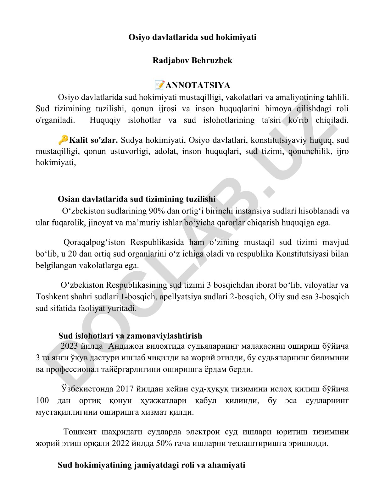 Osiyo davlatlarida sud hokimiyati mustaqilligi, vakolatlari va amaliyotining tahlili