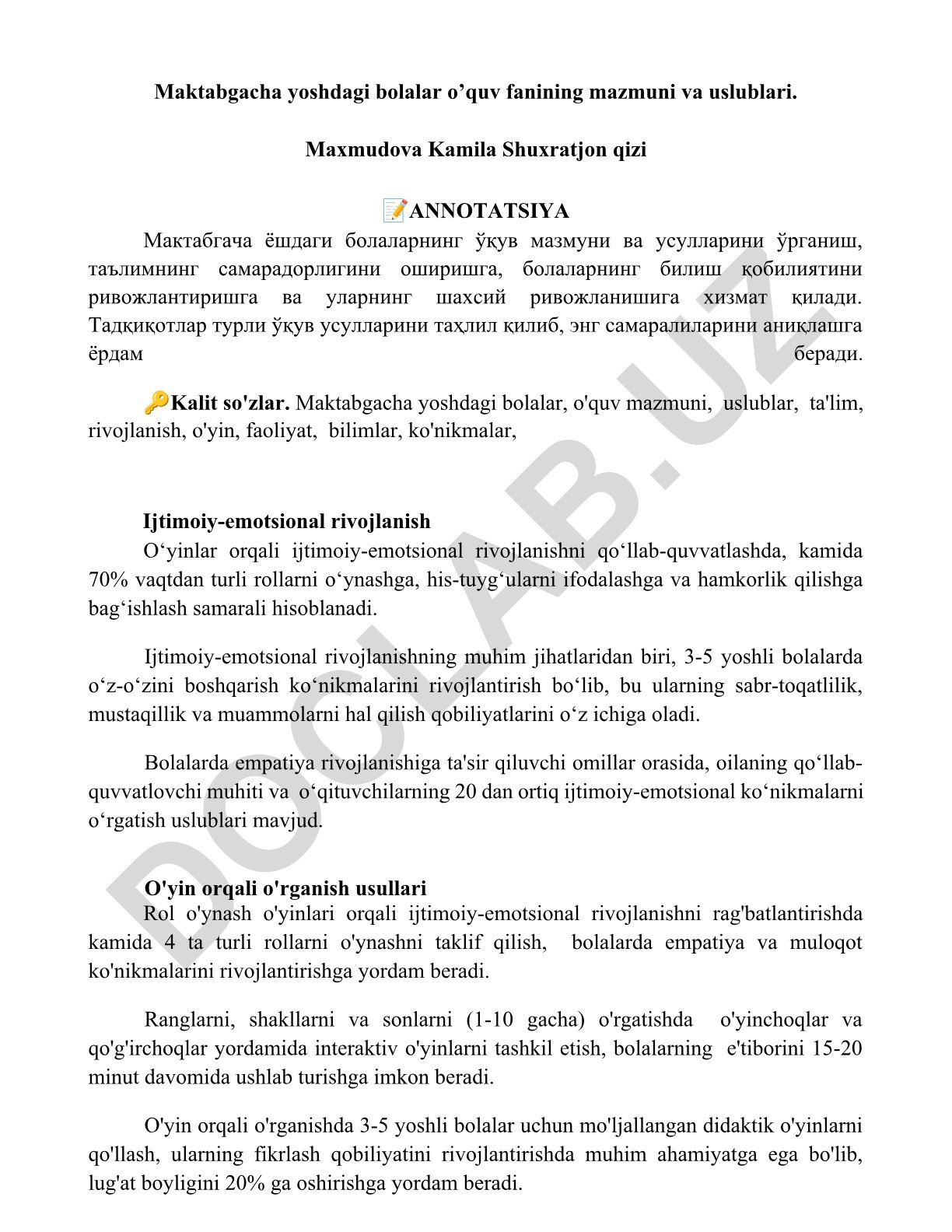 Maktabgacha yoshdagi bolalar o'quv fanining mazmuni va uslublari