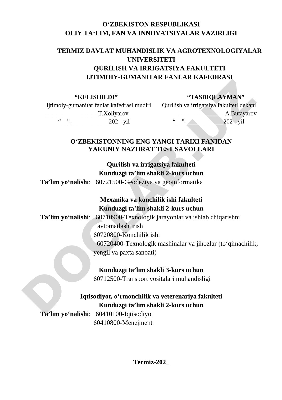 O'zbekistonning eng yangi tarixi fanidan yakuniy nazorat test savollari