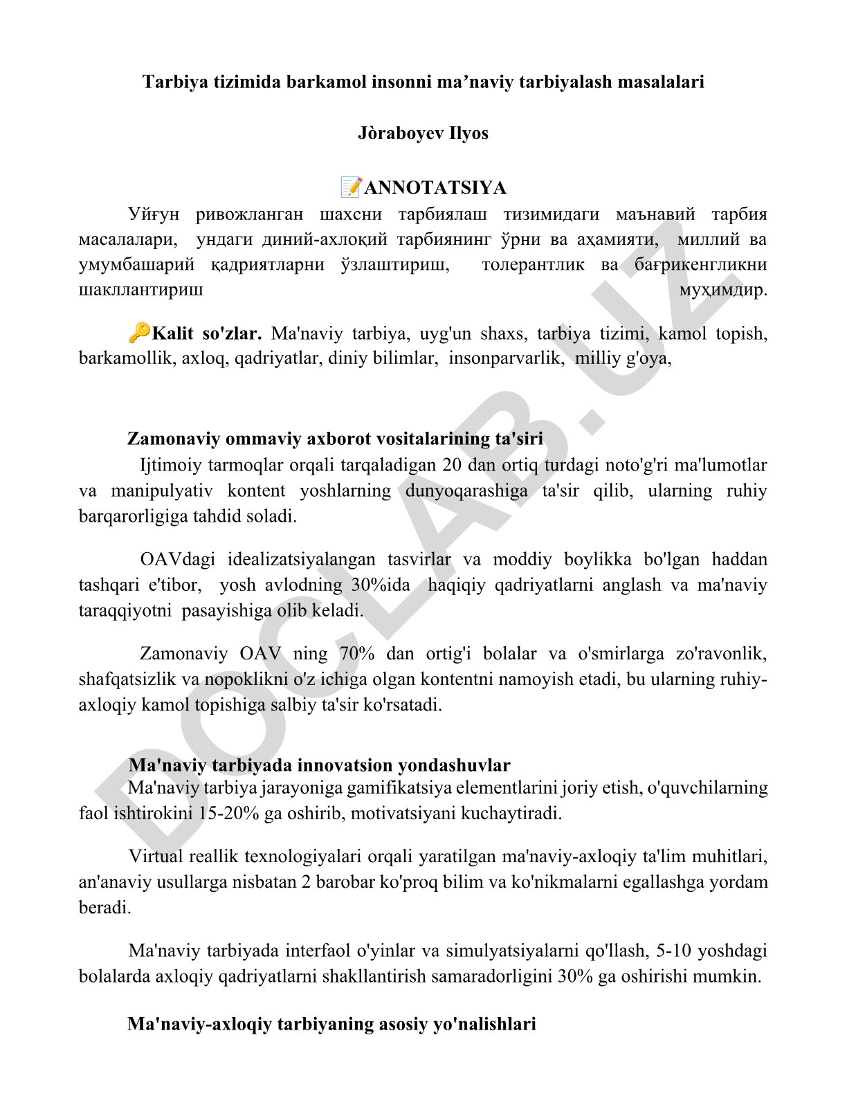 Ma'naviy tarbiya tizimida barkamol insonni shakllantirish masalalari