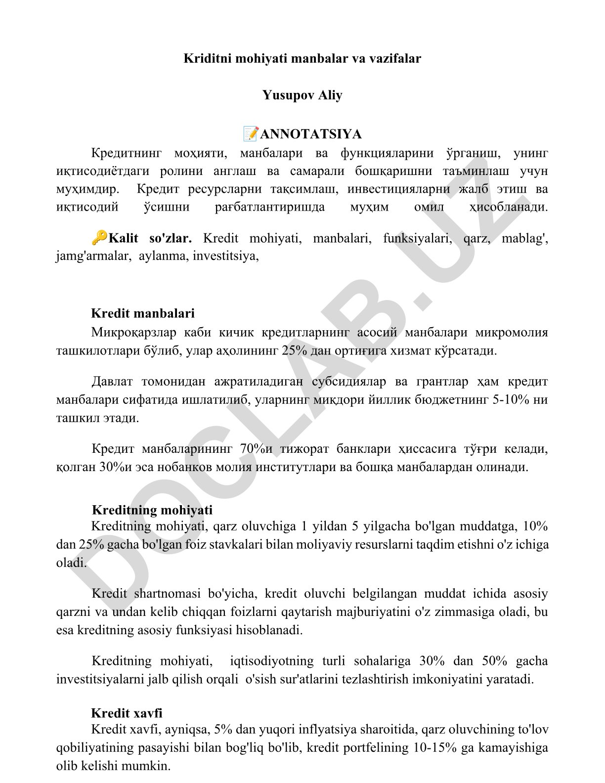 Kreditning mohiyati, manbalari va funksiyalari