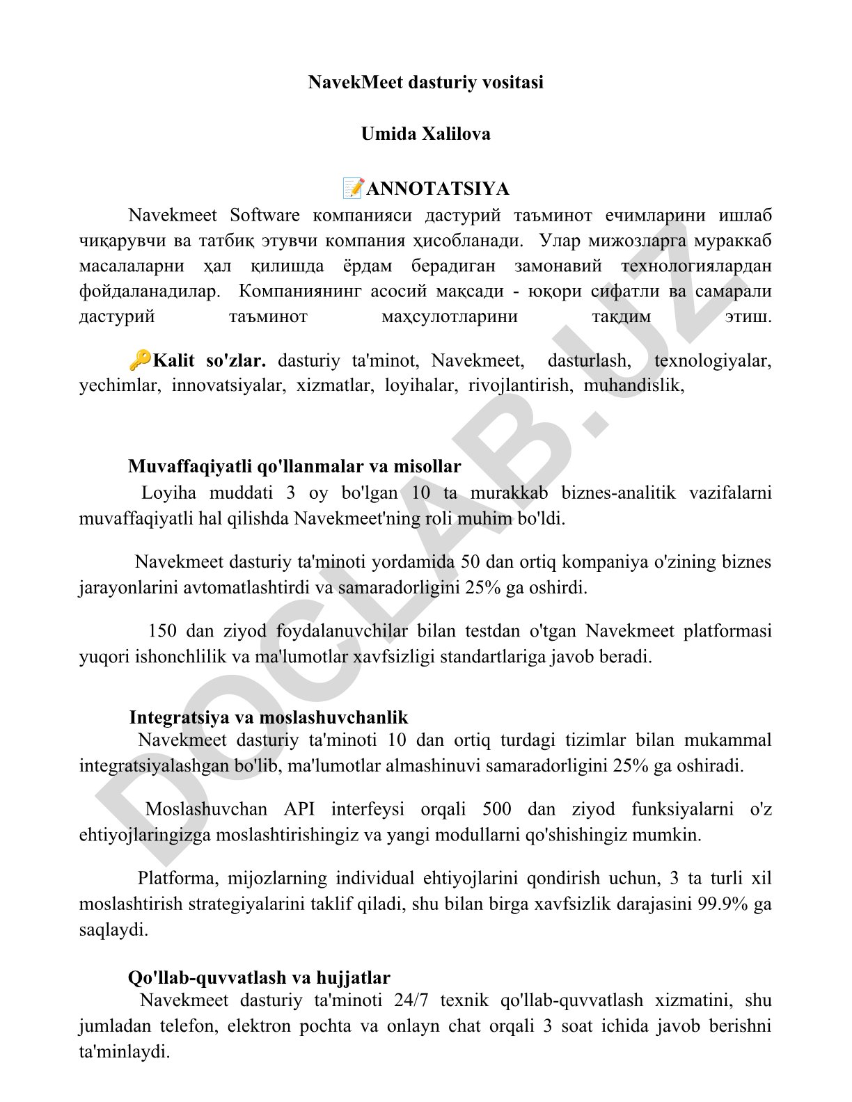 Navekmeet dasturiy ta'minoti va uning biznes jarayonlarini avtomatlashtirishdagi roli