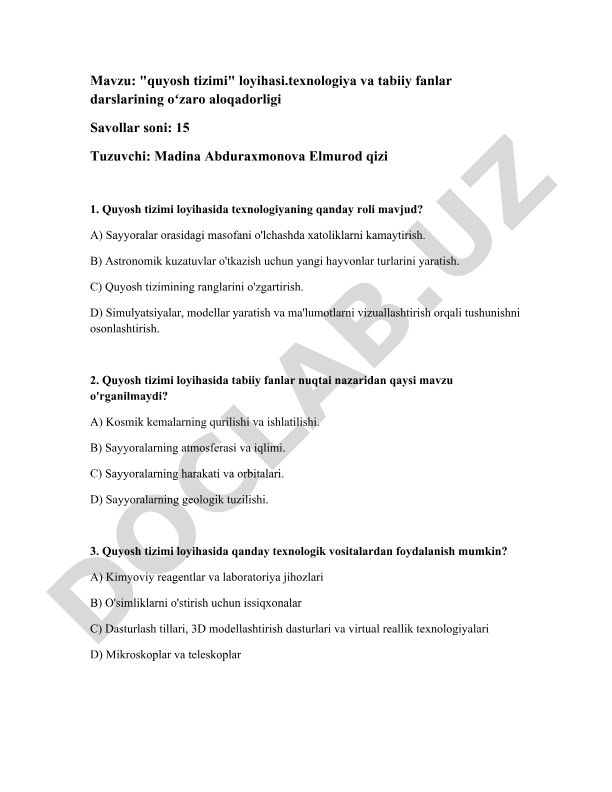 Quyosh tizimi loyihasida texnologiya va tabiiy fanlar o'zaro aloqadorligi